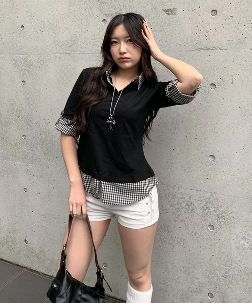 lilful（リルフル）の「【26年春夏新作】フェイクレイヤード シャツドッキング チェック柄 半袖ポロシャツ（Tシャツ/カットソー・レディース・ブラック・M/L）」の3枚目の写真