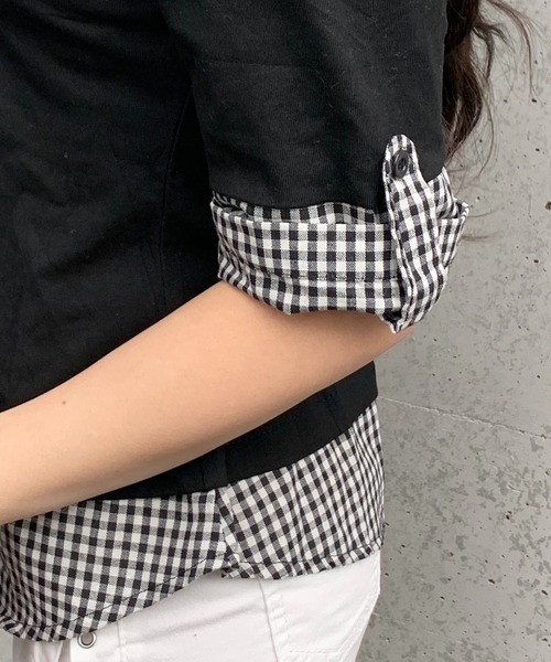 lilful（リルフル）の「【26年春夏新作】フェイクレイヤード シャツドッキング チェック柄 半袖ポロシャツ（Tシャツ/カットソー・レディース・ブラック・M/L）」の7枚目の写真