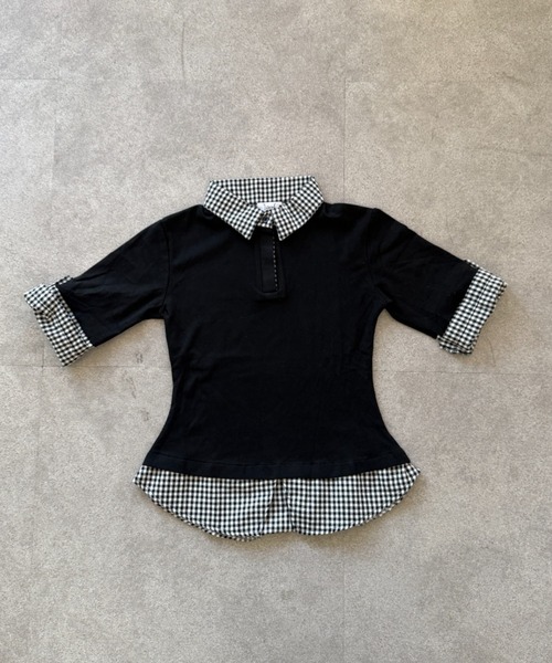 lilful（リルフル）の「【26年春夏新作】フェイクレイヤード シャツドッキング チェック柄 半袖ポロシャツ（Tシャツ/カットソー・レディース・ブラック・M/L）」の20枚目の写真
