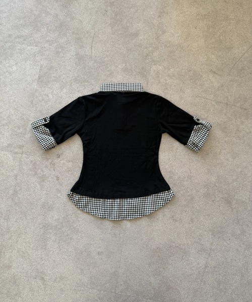 lilful（リルフル）の「【26年春夏新作】フェイクレイヤード シャツドッキング チェック柄 半袖ポロシャツ（Tシャツ/カットソー・レディース・ブラック・M/L）」の21枚目の写真