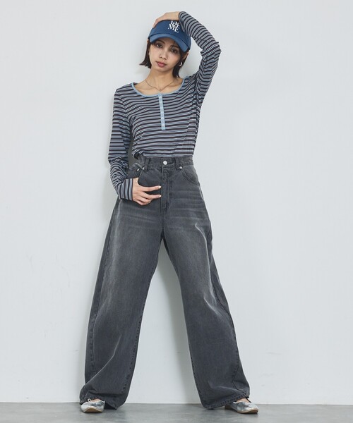 abahouse mavie（アバハウスマヴィ）の「ボーダーヘンリーネックプルオーバー（Tシャツ/カットソー・レディース・ブラック/グレー/オフホワイト・フリー）」の4枚目の写真