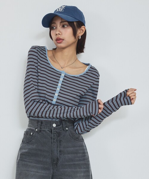 abahouse mavie（アバハウスマヴィ）の「ボーダーヘンリーネックプルオーバー（Tシャツ/カットソー・レディース・ブラック/グレー/オフホワイト・フリー）」の12枚目の写真