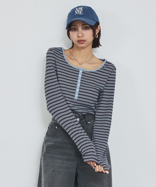 abahouse mavie（アバハウスマヴィ）の「ボーダーヘンリーネックプルオーバー（Tシャツ/カットソー・レディース・ブラック/グレー/オフホワイト・フリー）」の13枚目の写真