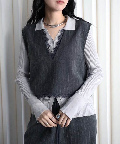 YENNA(イェンナ)の「レース切替ストライプVネックベスト/オケージョン(ベスト・レディース・チャコールグレー/グレイッシュベージュ/ベージュ・FREE)」の9枚目の写真
