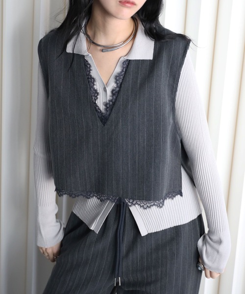 YENNA(イェンナ)の「レース切替ストライプVネックベスト/オケージョン(ベスト・レディース・チャコールグレー/グレイッシュベージュ/ベージュ・FREE)」の5枚目の写真