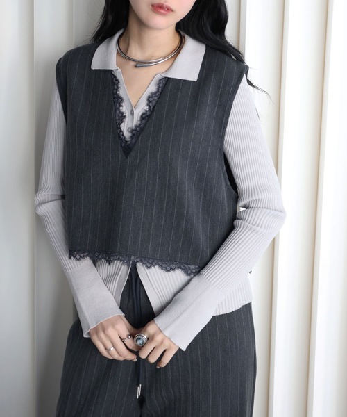 YENNA(イェンナ)の「レース切替ストライプVネックベスト/オケージョン(ベスト・レディース・チャコールグレー/グレイッシュベージュ/ベージュ・FREE)」の6枚目の写真
