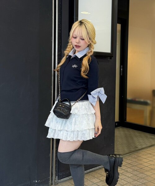 Another Branch olive des olive(アナザーブランチオリーブデオリーブ)の「2枚衿ドッキング5分袖ニット(ニット/セーター・レディース・アイボリー/オフホワイト/グレー/ライトグレー/ネイビー/インディゴブルー・FREE)」の17枚目の写真