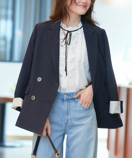 RUIRUE BOUTIQUE(ルイルエブティック)の「洗える | 選べる袖丈 リネンライク テーラードジャケット(長袖) | ジャケット・リネンライクジャケット・長袖ジャケット・夏ジャケット・カジュアルジャケット・きれいめジャケット(テーラードジャケット・レディース・ブラック/ダークネイビー・LL/L/M/S)」の2枚目の写真
