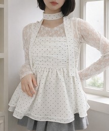 タイ付きキャミチュニック/ストール付き/全5色/チェック/ドット