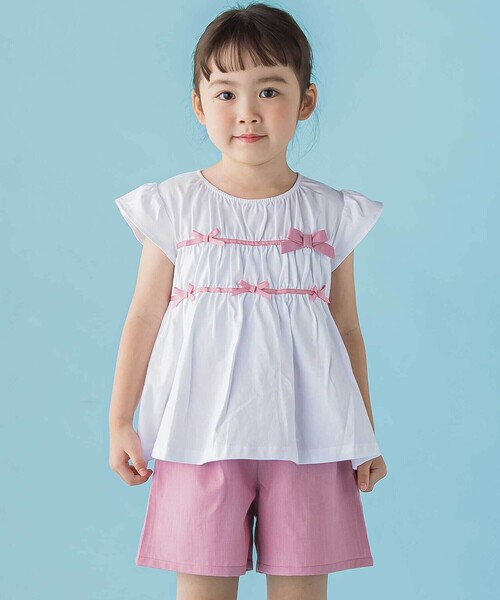 BeBe Petits Pois Vert（ベベプチポワヴェール）の「【店舗限定】リボントップス＋キュロットパンツセットアップ(95～150cm)（セットアップ・キッズ・ブルー系その他/ピンク系その他・120cm/100cm/95cm/140cm/130cm/150cm/110cm）」の2枚目の写真
