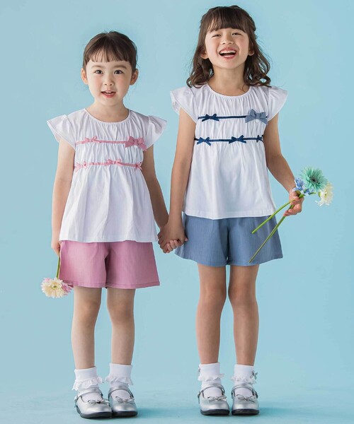 BeBe Petits Pois Vert（ベベプチポワヴェール）の「【店舗限定】リボントップス＋キュロットパンツセットアップ(95～150cm)（セットアップ・キッズ・ブルー系その他/ピンク系その他・120cm/100cm/95cm/140cm/130cm/150cm/110cm）」の6枚目の写真