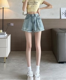 ビジュー付きロールアップショートデニムパンツ