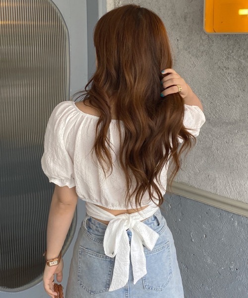 Teem Store(チームストア)の「ウエストクロスリボンパフスリーブ半袖ブラウス ショート丈(シャツ/ブラウス・レディース・ブラック/ホワイト・F)」の12枚目の写真