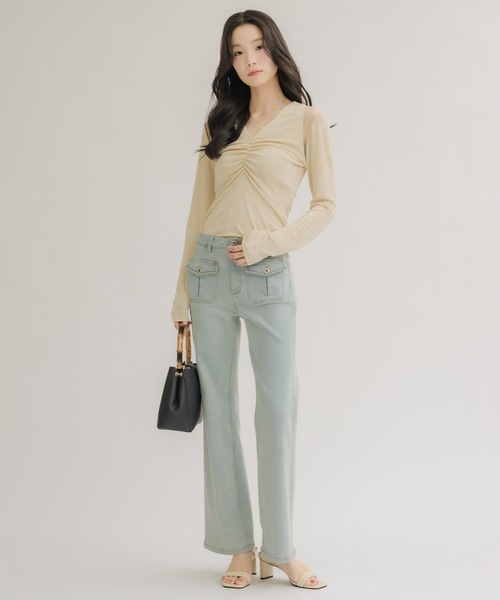 NEUNA(ヌナ)の「【さらっとした涼しい着心地◎】シアーショルダー フロントシャーリングトップス(Tシャツ/カットソー・レディース・ピンク/ブラック/アイボリー・FREE)」の21枚目の写真