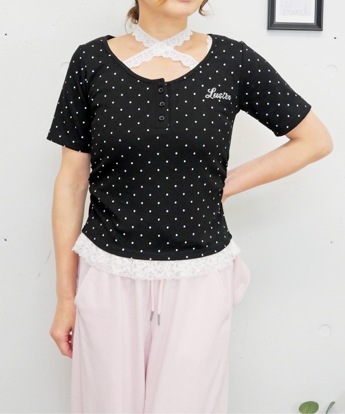 FUN(ファン)の「マルチレースヘンリープルオーバー(Tシャツ/カットソー・レディース・ピンク/ブラック系/サックスブルー/ホワイト系・FREE)」の3枚目の写真