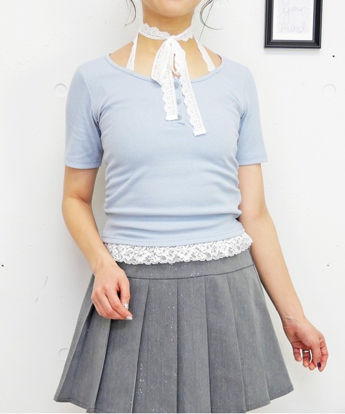 FUN(ファン)の「マルチレースヘンリープルオーバー(Tシャツ/カットソー・レディース・ピンク/ブラック系/サックスブルー/ホワイト系・FREE)」の1枚目の写真