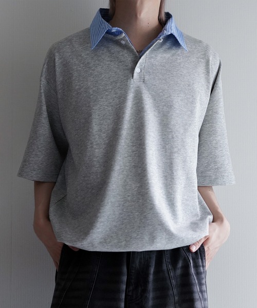 cussil(クシル)の「【cussil/クシル】ストライプフェイクレイヤード半袖ポロシャツ(ポロシャツ・メンズ・グレー/ダークネイビー・M/S/L)」の1枚目の写真