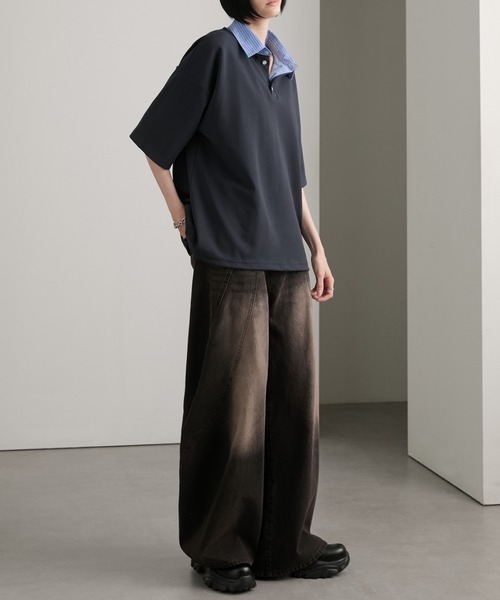 cussil(クシル)の「【cussil/クシル】ストライプフェイクレイヤード半袖ポロシャツ(ポロシャツ・メンズ・グレー/ダークネイビー・M/S/L)」の6枚目の写真