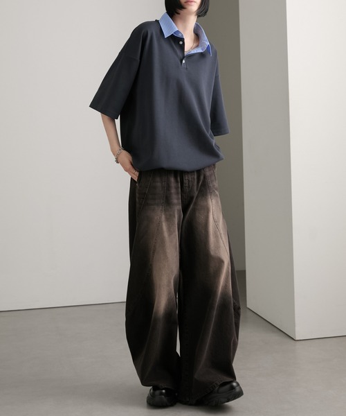 cussil(クシル)の「【cussil/クシル】ストライプフェイクレイヤード半袖ポロシャツ(ポロシャツ・メンズ・グレー/ダークネイビー・M/S/L)」の8枚目の写真
