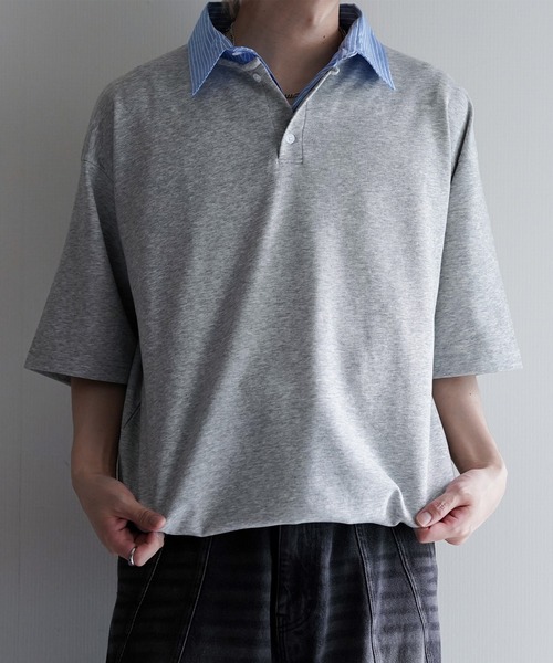 cussil(クシル)の「【cussil/クシル】ストライプフェイクレイヤード半袖ポロシャツ(ポロシャツ・メンズ・グレー/ダークネイビー・M/S/L)」の3枚目の写真