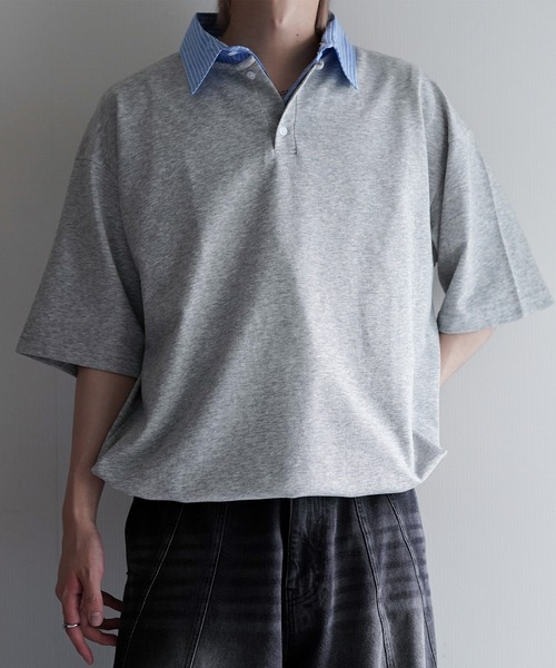 cussil(クシル)の「【cussil/クシル】ストライプフェイクレイヤード半袖ポロシャツ(ポロシャツ・メンズ・グレー/ダークネイビー・M/S/L)」の4枚目の写真