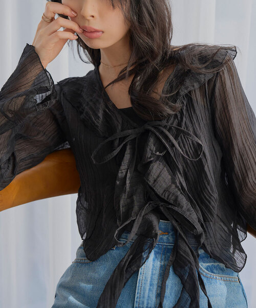KOBE LETTUCE(コウベレタス)の「シアーフリルガウンブラウス(シャツ/ブラウス・レディース・ブラック/オフホワイト/ブラウン・M)」の2枚目の写真