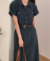 半袖シャツワンピース ロング丈 ポケットデザイン レディース