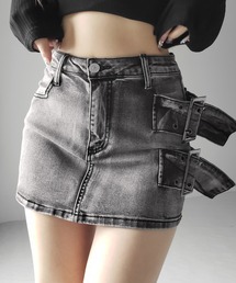 me+em select | 【 インパン裏地付 】ダブルハトメベルトヴィンテージデニムミニスカート / Double eyelet belt vintage denim mini skirt(デニムスカート)