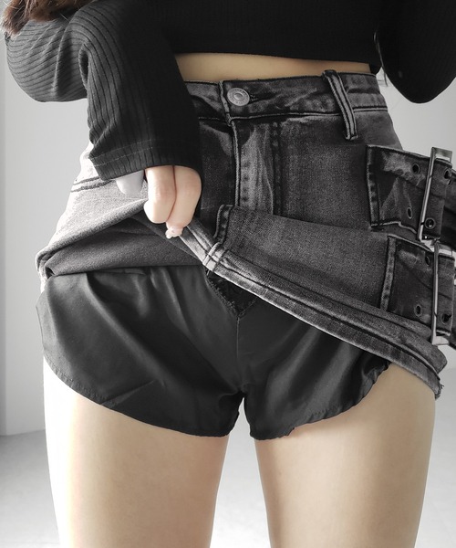me+em select(ミームセレクト)の「【 インパン裏地付 】ダブルハトメベルトヴィンテージデニムミニスカート / Double eyelet belt vintage denim mini skirt(デニムスカート・レディース・ブラック・LARGE/MEDIUM/SMALL)」の5枚目の写真