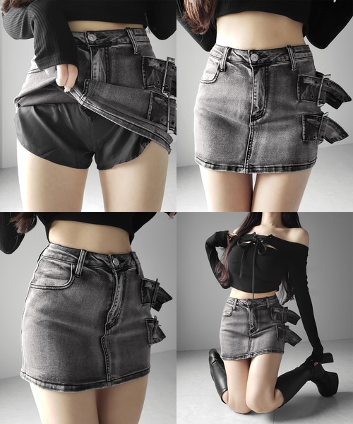 me+em select(ミームセレクト)の「【 インパン裏地付 】ダブルハトメベルトヴィンテージデニムミニスカート / Double eyelet belt vintage denim mini skirt(デニムスカート・レディース・ブラック・LARGE/MEDIUM/SMALL)」の2枚目の写真