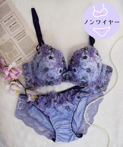 【ノンワイヤー/ラクして整う！ストレスフリーで上品なフィット感♪】上下セット/M-LL/脇高リボンフラワーブーケ