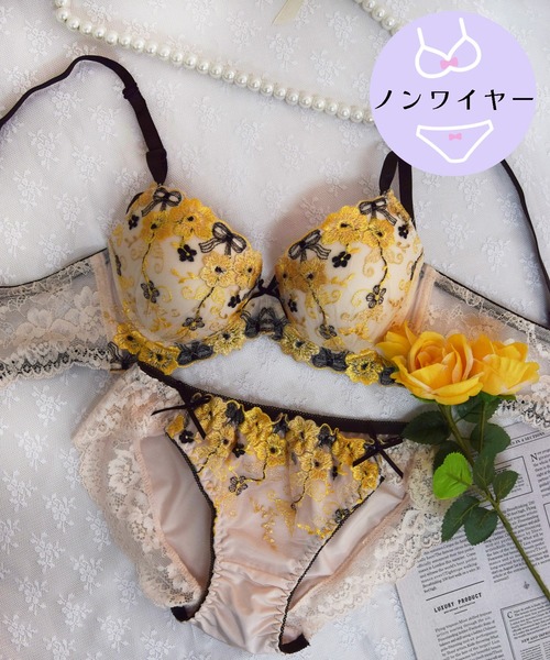 【ノンワイヤー/ラクして整う！ストレスフリーで上品なフィット感♪】上下セット/M-LL/脇高リボンフラワーブーケ