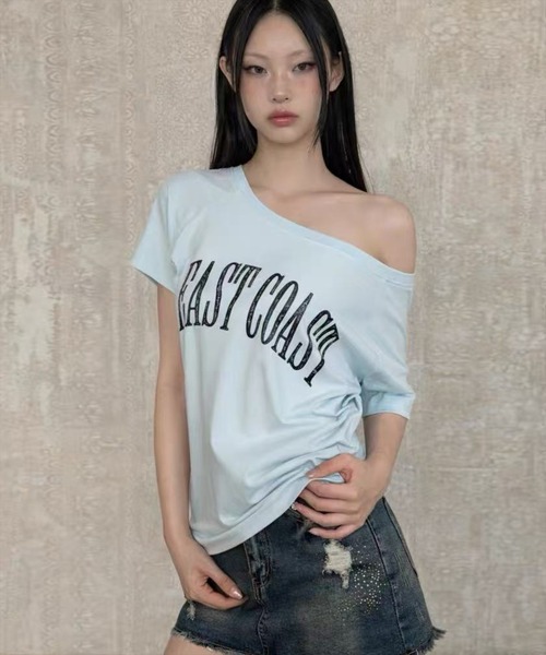 STAY MOTION（ステイモーション）の「【WEB限定】ビッグロゴワンショルTシャツ［骨格ウェーブ／カジュアル／韓国ファッション］（Tシャツ/カットソー・レディース・サックスブルー/オフホワイト/ブラック・F）」の3枚目の写真