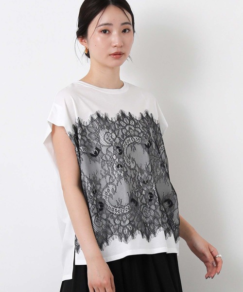 Gready Brilliant(グレディブリリアン)の「レースドッキングフレンチスリーブ(Tシャツ/カットソー・レディース・チャコールグレー/オフホワイト・FREE)」の1枚目の写真
