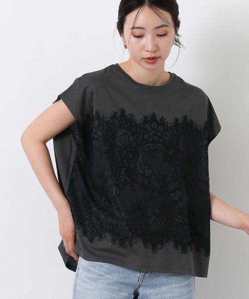 Gready Brilliant(グレディブリリアン)の「レースドッキングフレンチスリーブ(Tシャツ/カットソー・レディース・チャコールグレー/オフホワイト・FREE)」の2枚目の写真