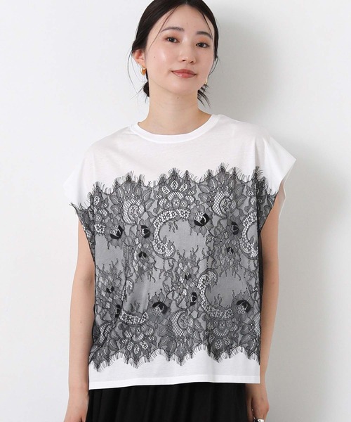 Gready Brilliant(グレディブリリアン)の「レースドッキングフレンチスリーブ(Tシャツ/カットソー・レディース・チャコールグレー/オフホワイト・FREE)」の12枚目の写真