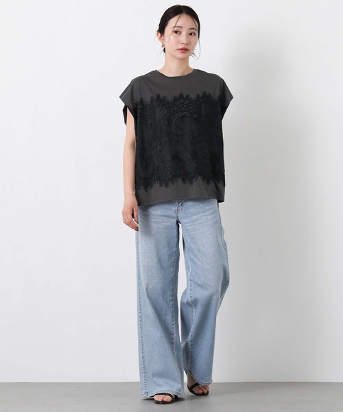 Gready Brilliant(グレディブリリアン)の「レースドッキングフレンチスリーブ(Tシャツ/カットソー・レディース・チャコールグレー/オフホワイト・FREE)」の16枚目の写真