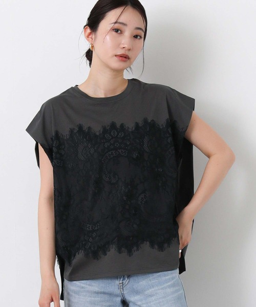 Gready Brilliant(グレディブリリアン)の「レースドッキングフレンチスリーブ(Tシャツ/カットソー・レディース・チャコールグレー/オフホワイト・FREE)」の17枚目の写真