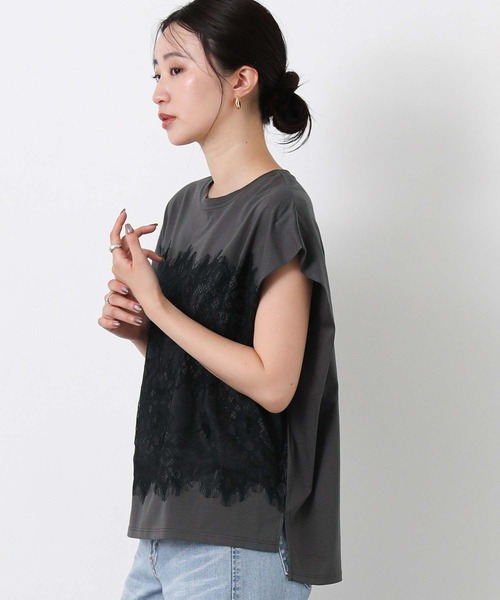 Gready Brilliant(グレディブリリアン)の「レースドッキングフレンチスリーブ(Tシャツ/カットソー・レディース・チャコールグレー/オフホワイト・FREE)」の18枚目の写真
