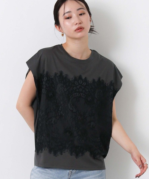 Gready Brilliant(グレディブリリアン)の「レースドッキングフレンチスリーブ(Tシャツ/カットソー・レディース・チャコールグレー/オフホワイト・FREE)」の20枚目の写真
