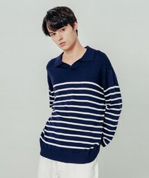 男性ストライプカラーセーター (DK-NAVY)