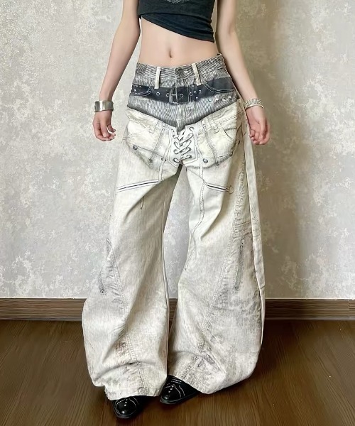 GEMEDA（ジェメダ）の「Y2kプリントデニムパンツ（デニムパンツ・レディース・ベージュ/ダークグレー・M/S）」の5枚目の写真