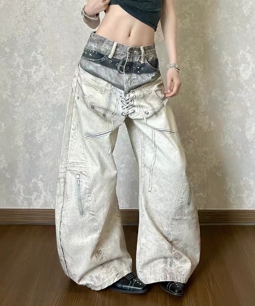 GEMEDA（ジェメダ）の「Y2kプリントデニムパンツ（デニムパンツ・レディース・ベージュ/ダークグレー・M/S）」の6枚目の写真