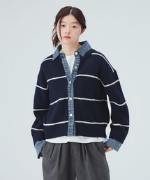 デニムレイヤード風 ニットカーディガン