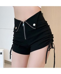 フロントジップ サイドギャザー ハイウエスト ショートパンツ