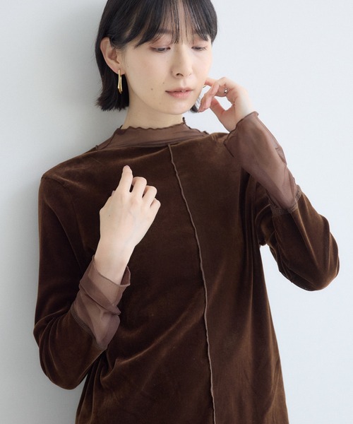 Paradise Picnic(パラダイスピクニック)の「裾シアーハイネックベロアトップス(Tシャツ/カットソー・レディース・ブラウン/ブラック/ホワイト・FREE)」の3枚目の写真