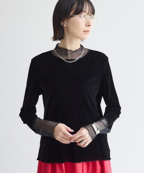 Paradise Picnic(パラダイスピクニック)の「裾シアーハイネックベロアトップス(Tシャツ/カットソー・レディース・ブラウン/ブラック/ホワイト・FREE)」の1枚目の写真