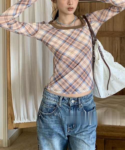 shyam inspiration(シャムインスピレーション)の「チェック柄シアータイト長袖トップス(Tシャツ/カットソー・レディース・ピンク/ブルー・L/M)」の7枚目の写真