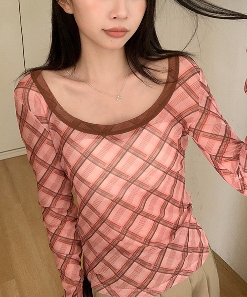shyam inspiration(シャムインスピレーション)の「チェック柄シアータイト長袖トップス(Tシャツ/カットソー・レディース・ピンク/ブルー・L/M)」の8枚目の写真