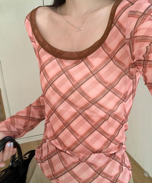 shyam inspiration(シャムインスピレーション)の「チェック柄シアータイト長袖トップス(Tシャツ/カットソー・レディース・ピンク/ブルー・L/M)」の3枚目の写真